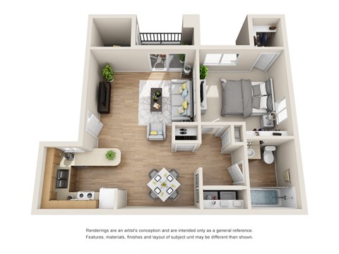 Floor plan for 1 bed, 1 bath, 717 sqft